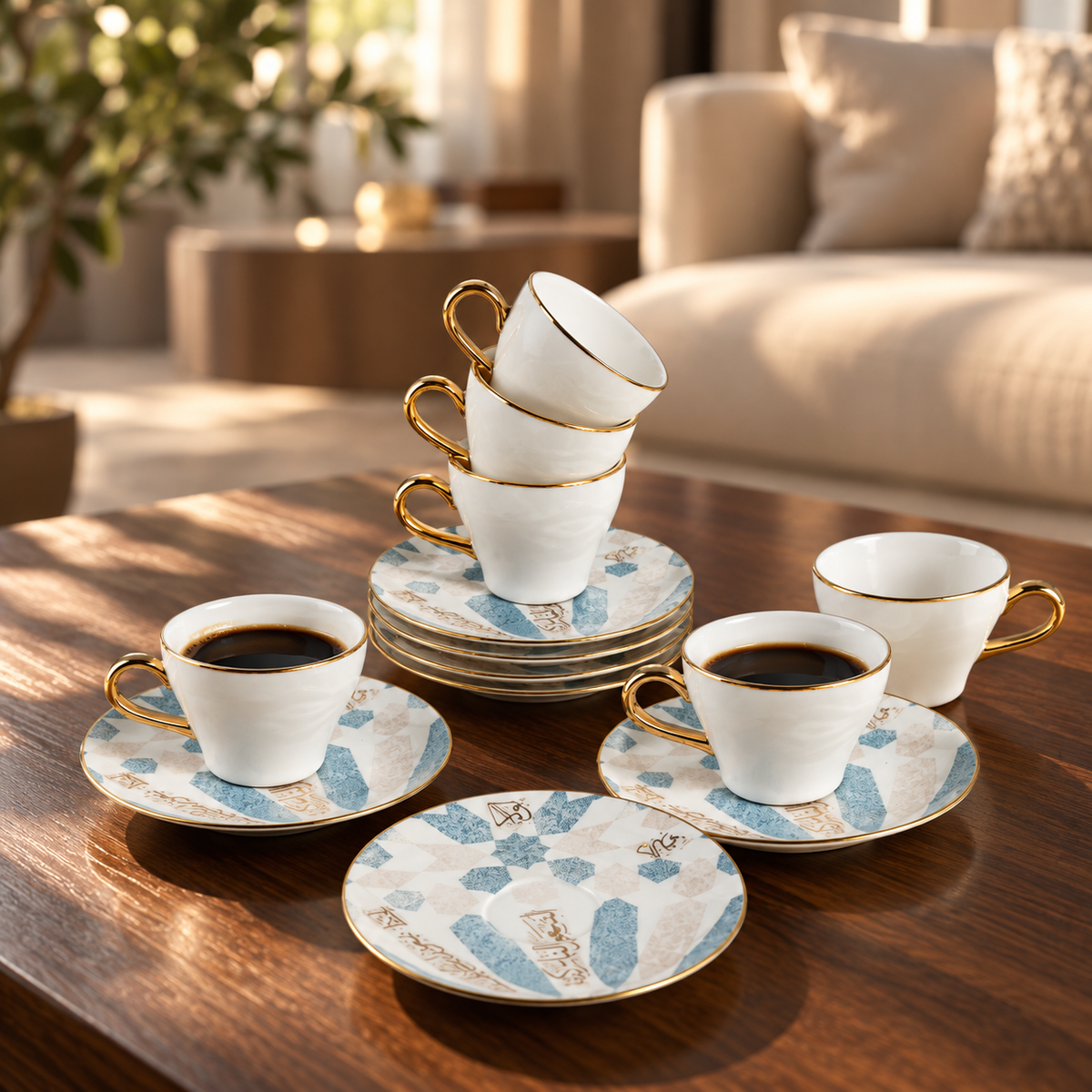 Amal - Espresso /Turkish Coffee Cups, (12-Pc)- Blue & Gold