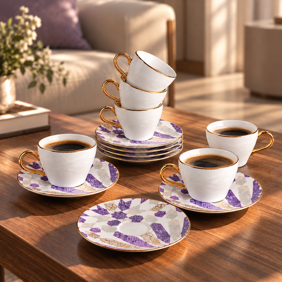 Amal - Tazas de capuchino, (12 piezas) - Púrpura y dorado