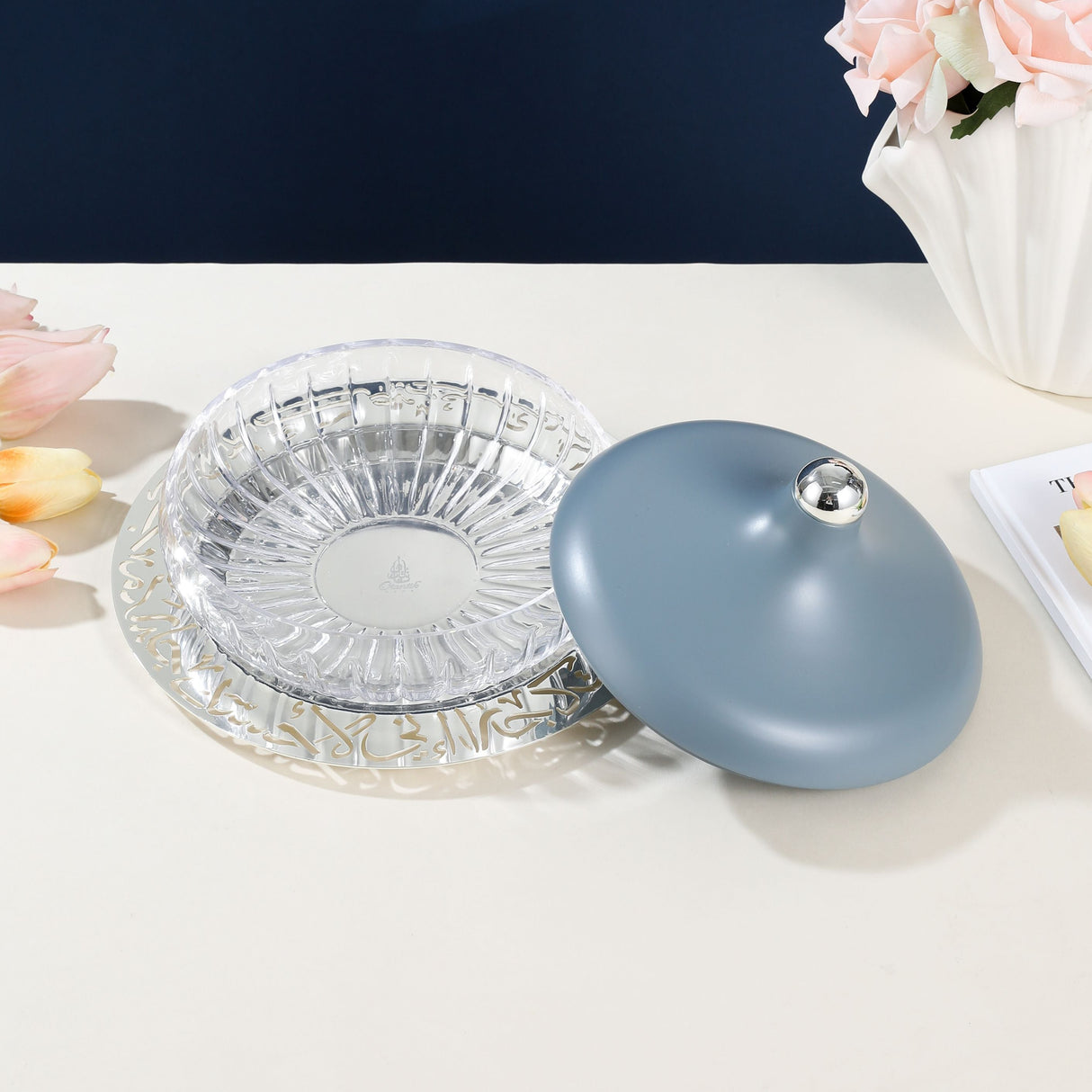 Jiwar - Large Engraved Date & Dessert Centerpiece - Haze Blue & Silver