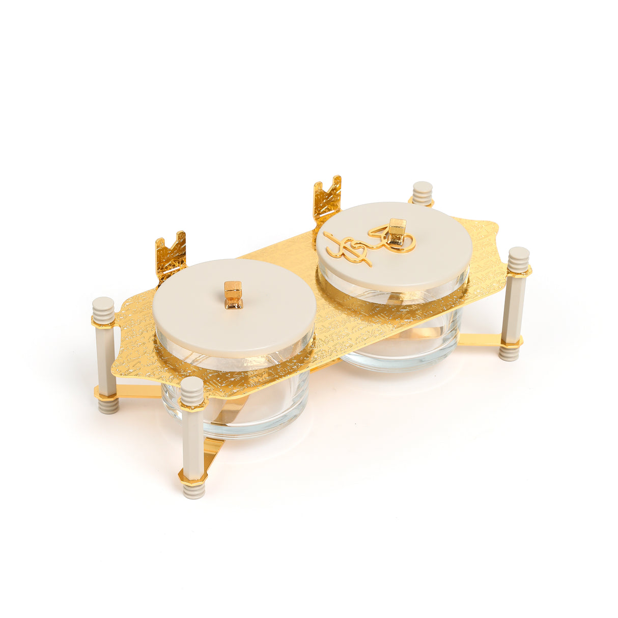 Jiwar - Dual Elegant Nut Serving Set with Engraved  Base - Beige & Gold