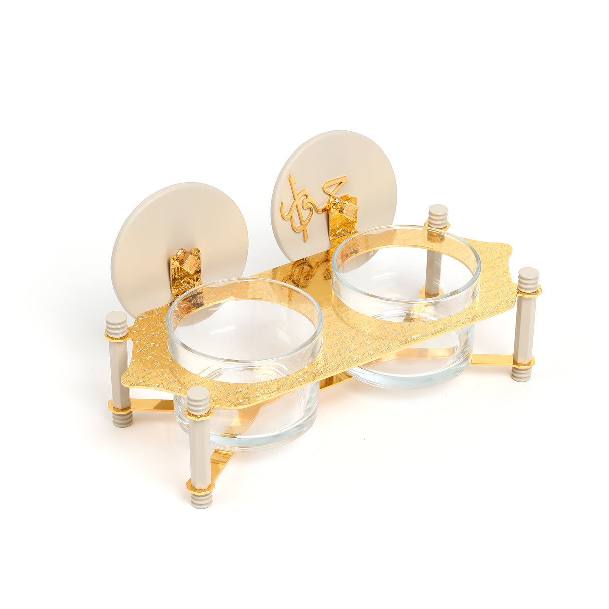Jiwar - Dual Elegant Nut Serving Set with Engraved  Base - Beige & Gold
