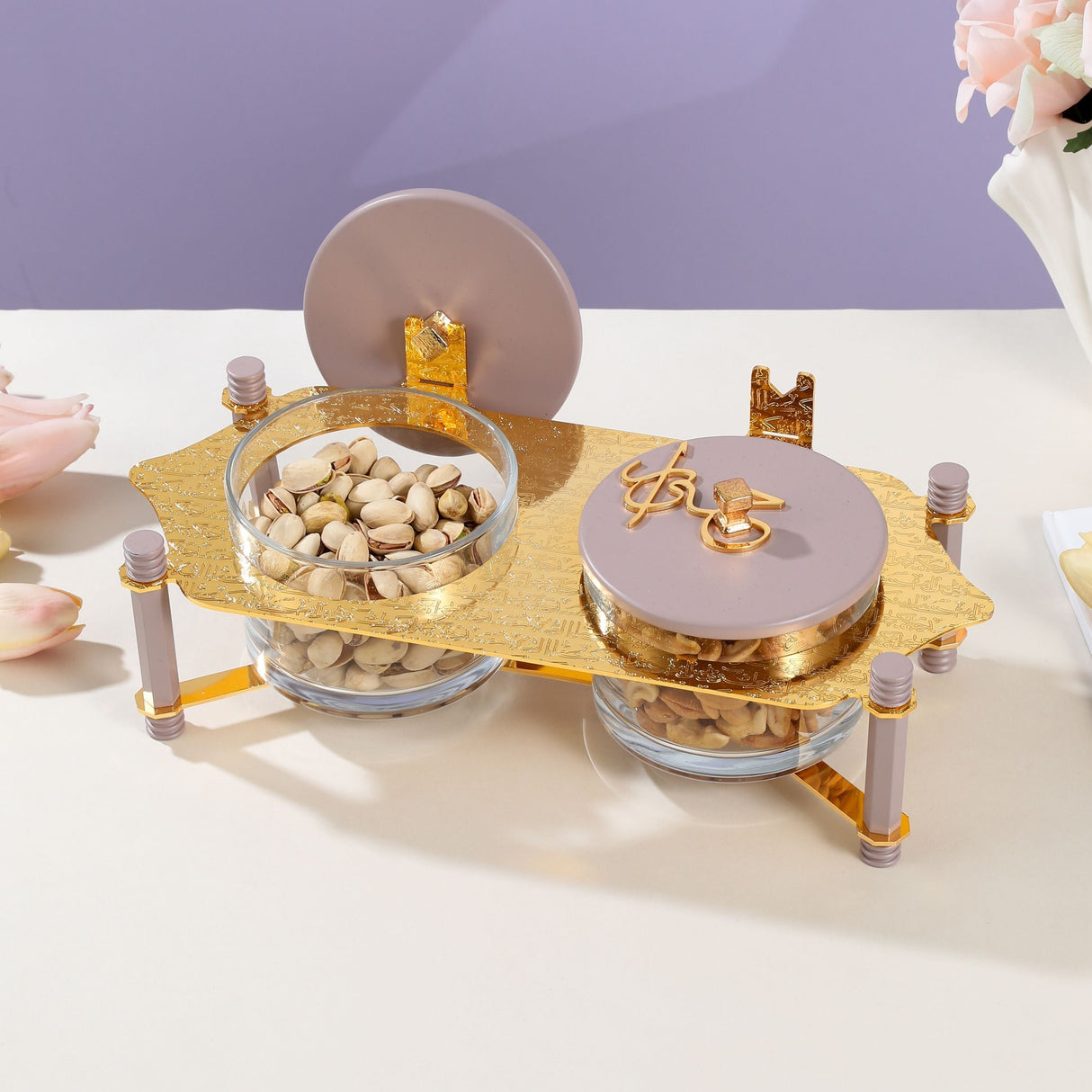 Jiwar - Dual Elegant Nut Serving Set with Engraved  Base - Lavender & Gold