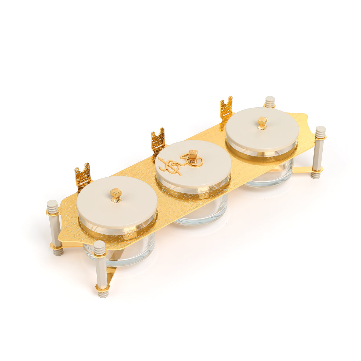 Jiwar - Triple Elegant Nut Serving Set with Engraved  Base - Beige & Gold