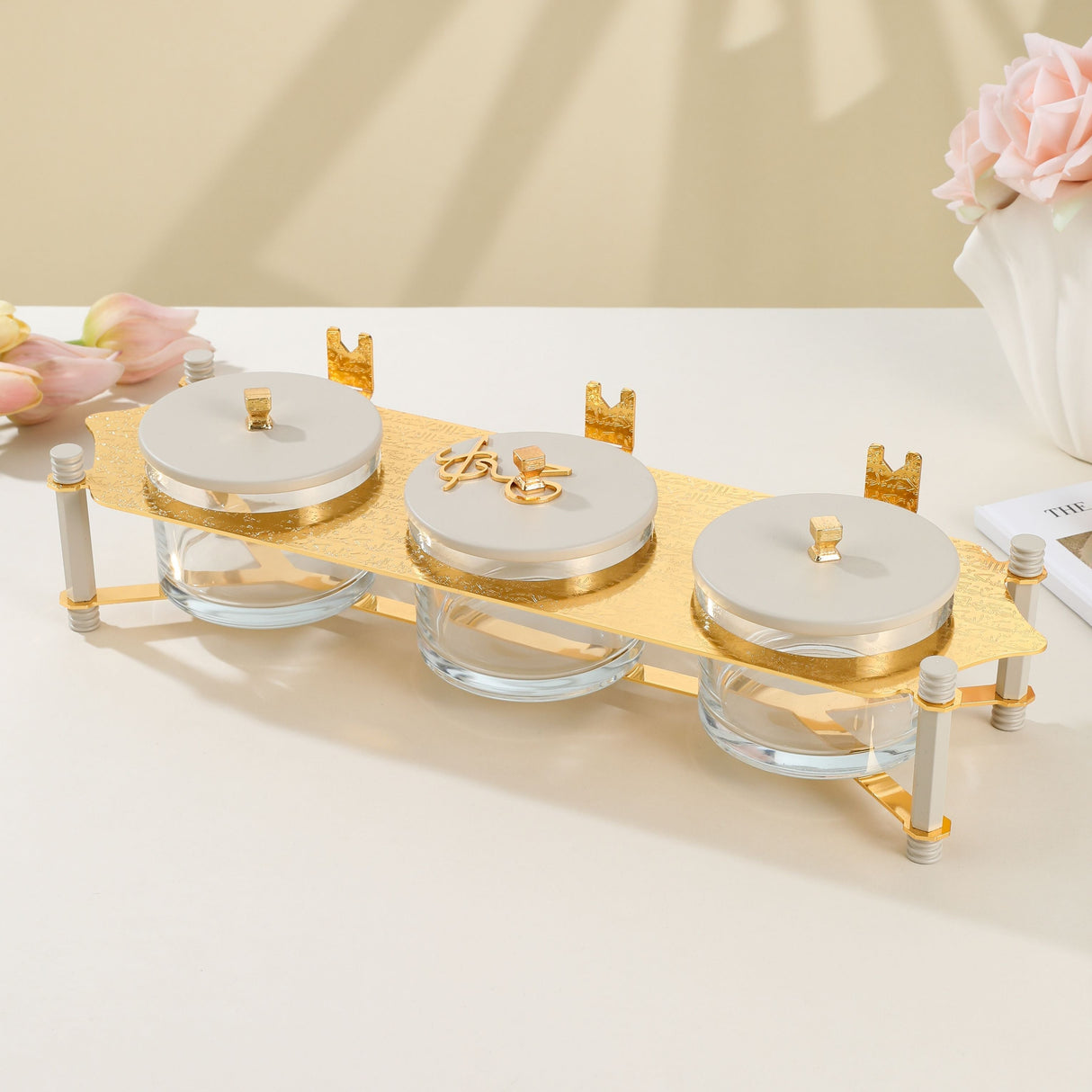 Jiwar - Triple Elegant Nut Serving Set with Engraved  Base - Beige & Gold