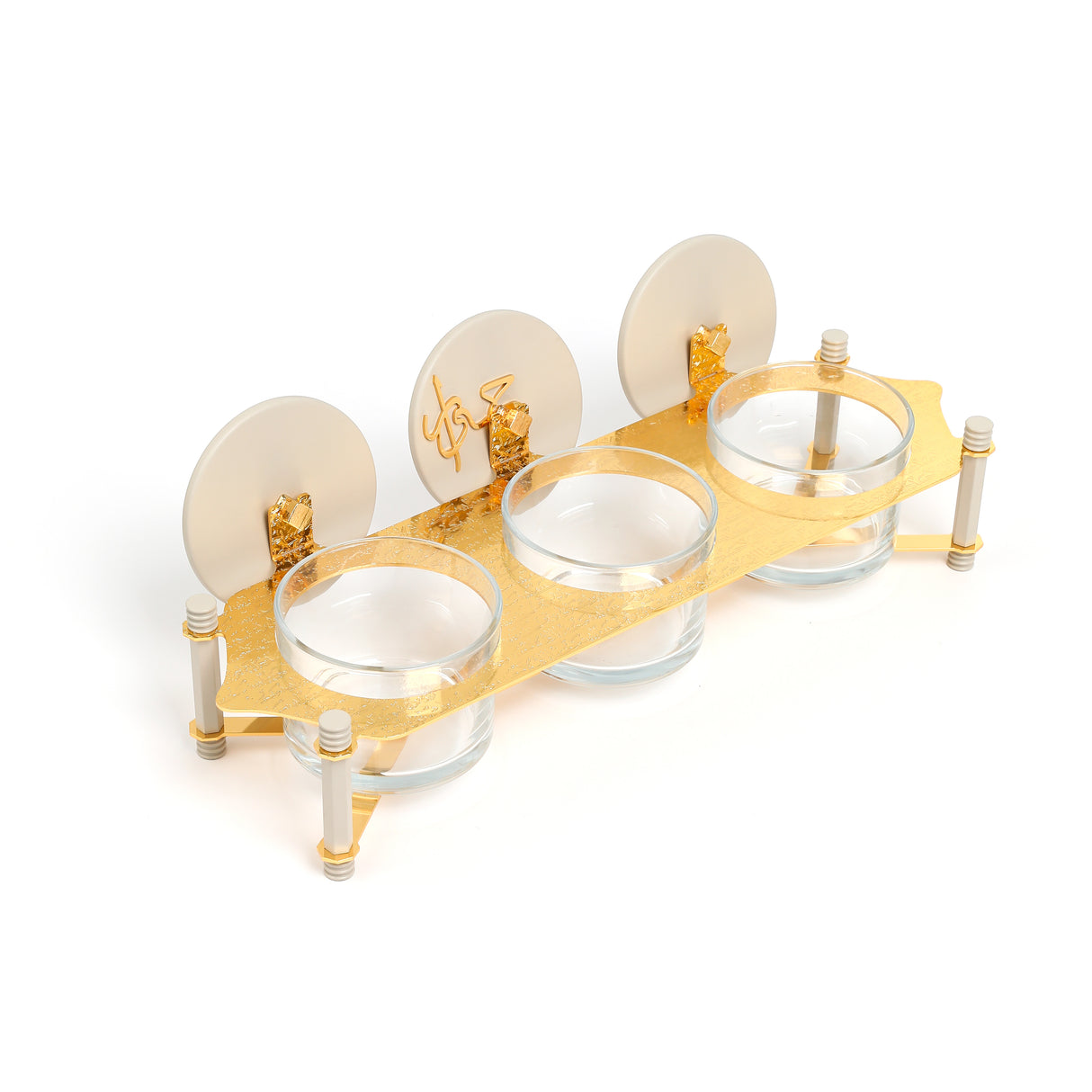 Jiwar - Triple Elegant Nut Serving Set with Engraved  Base - Beige & Gold