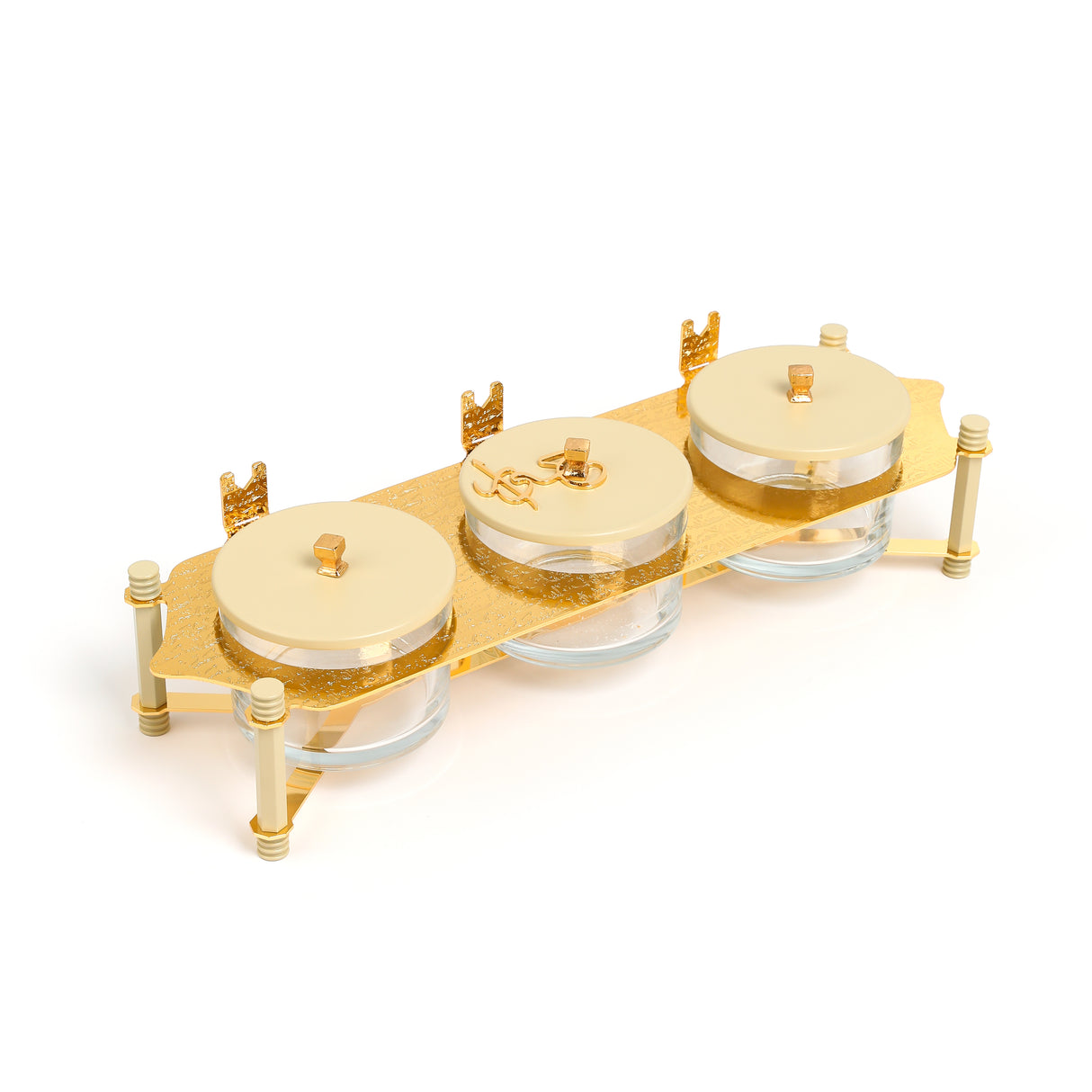 Jiwar - Triple Elegant Nut Serving Set with Engraved  Base - Ivory & Gold