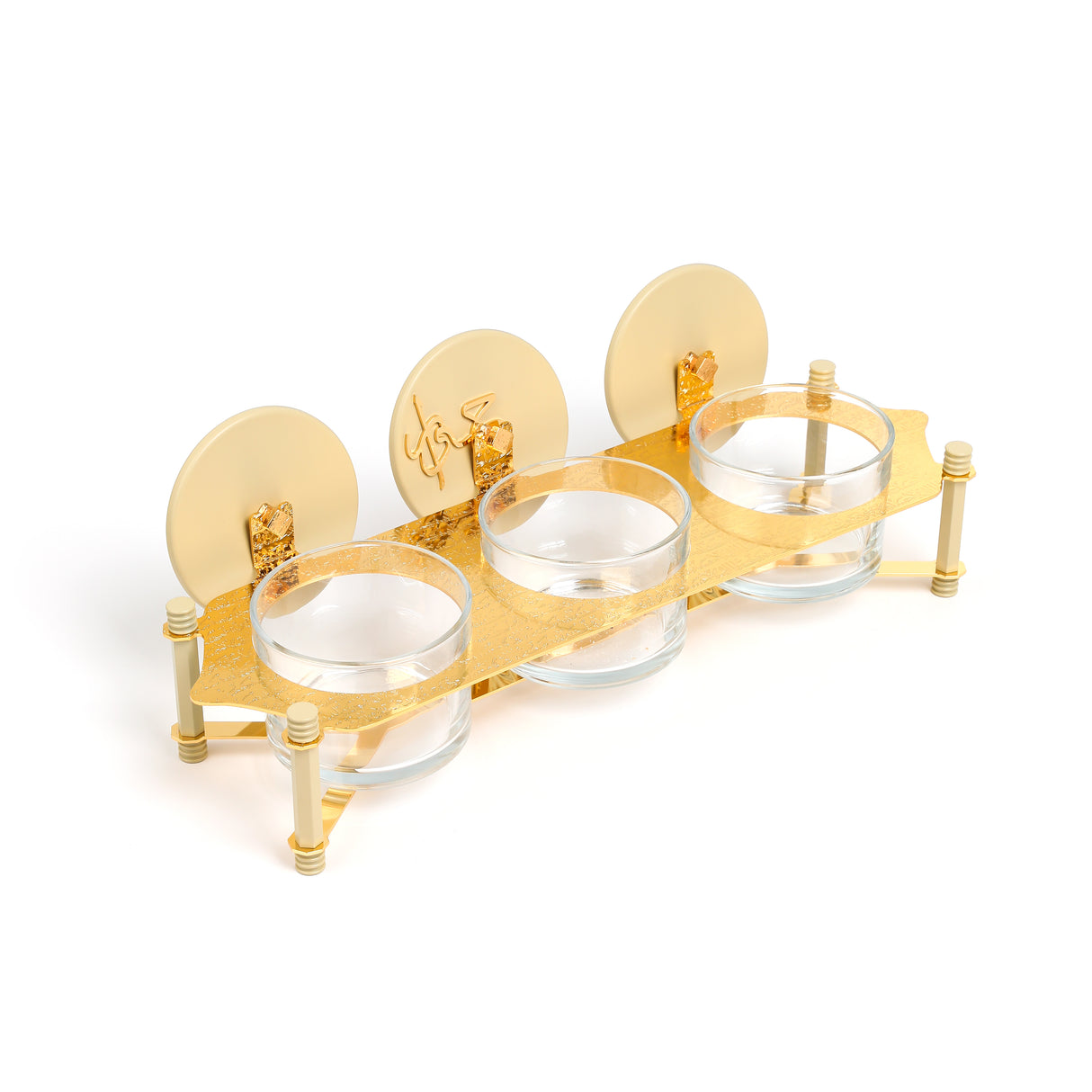 Jiwar - Triple Elegant Nut Serving Set with Engraved  Base - Ivory & Gold