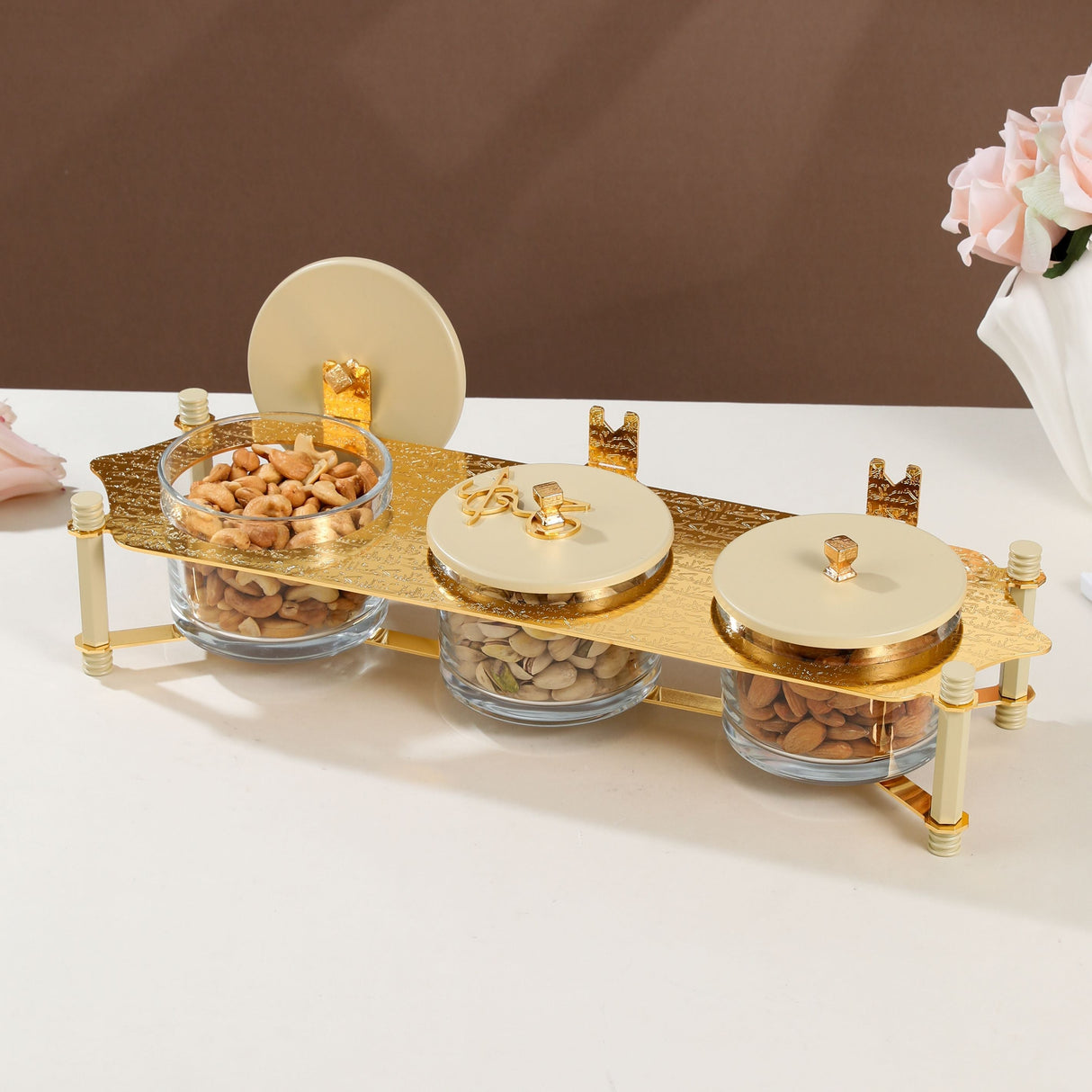 Jiwar - Triple Elegant Nut Serving Set with Engraved  Base - Ivory & Gold