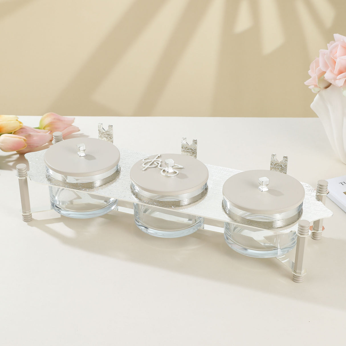 Jiwar - Triple Elegant Nut Serving Set with Engraved  Base - Beige & Silver