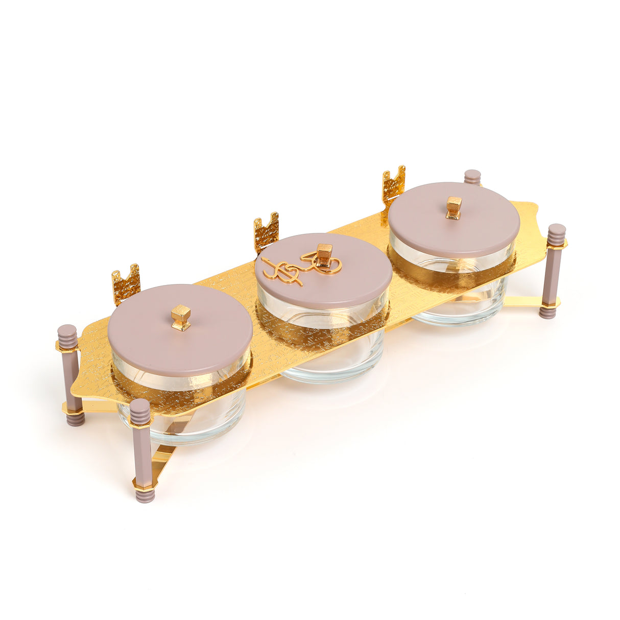 Jiwar - Triple Elegant Nut Serving Set with Engraved Base - Lavender & Gold