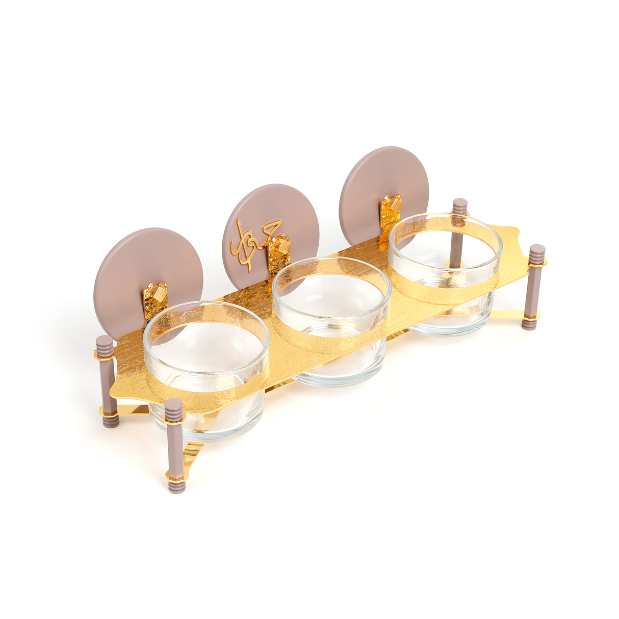 Jiwar - Triple Elegant Nut Serving Set with Engraved Base - Lavender & Gold