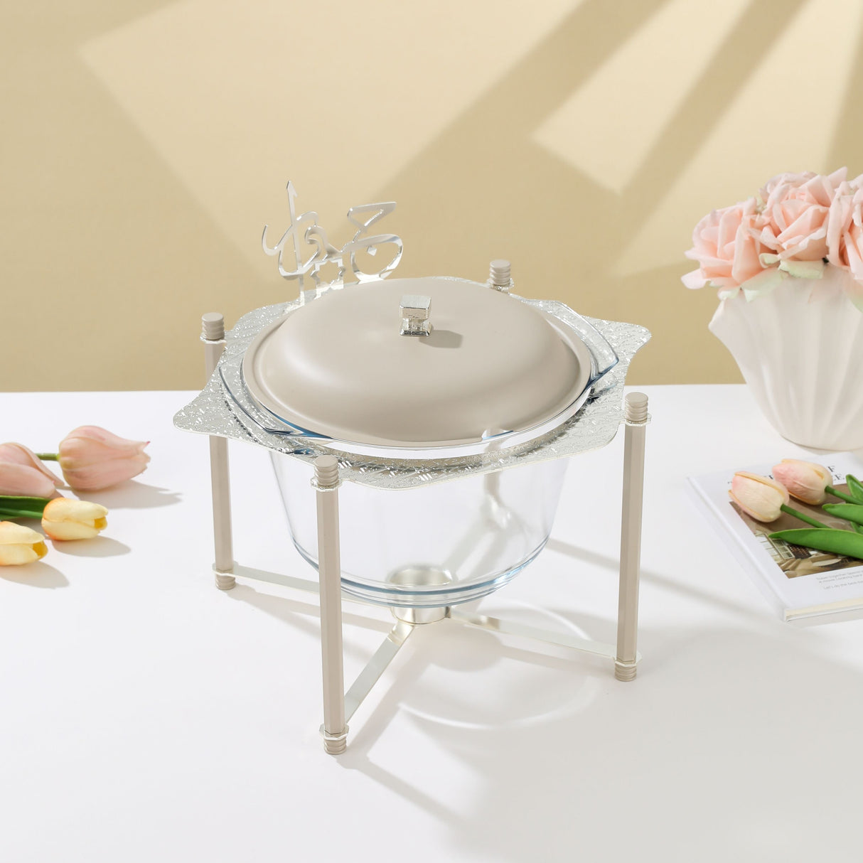 Jiwar - Deluxe Gold Engraved Soup Buffet - Beige & Silver