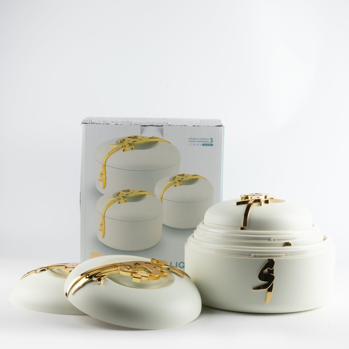 Liqa'a - Food Thermos/ Warm Serv (Set of 3) - Pearl White & Gold