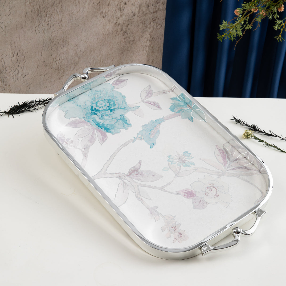 Khuzama - Serving Tray - Blue & Silver