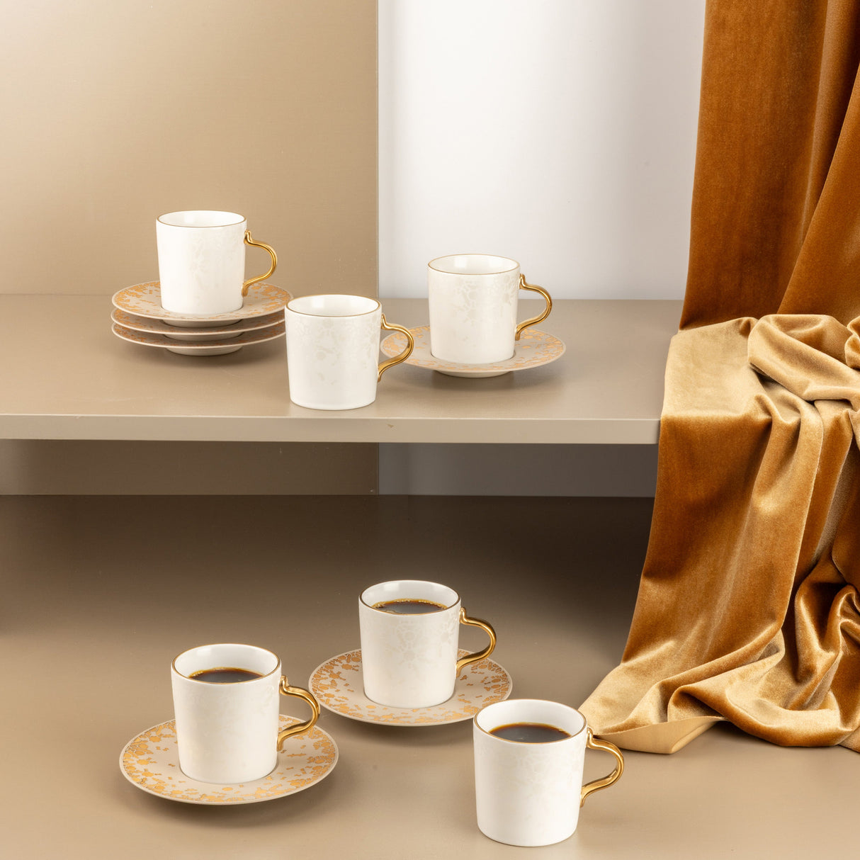 Nourhan - Espresso/Turkish Coffee Set (12-Pc) - Gold & Beige