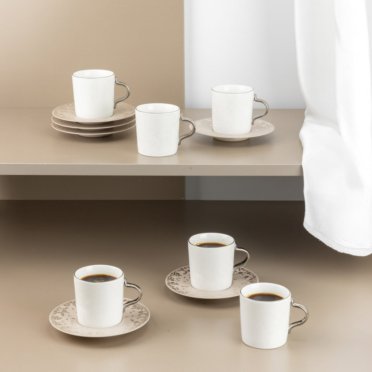 Nourhan - Espresso/Turkish Coffee Set (12-Pc) - Beige & Silver