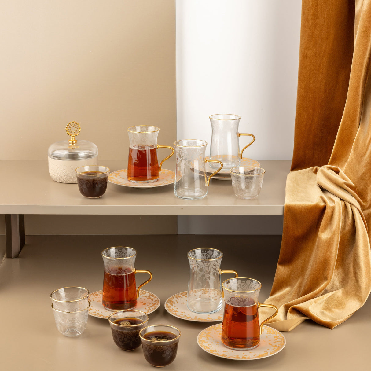 Nourhan - Tea Set (19-Pc) - Beige & Gold
