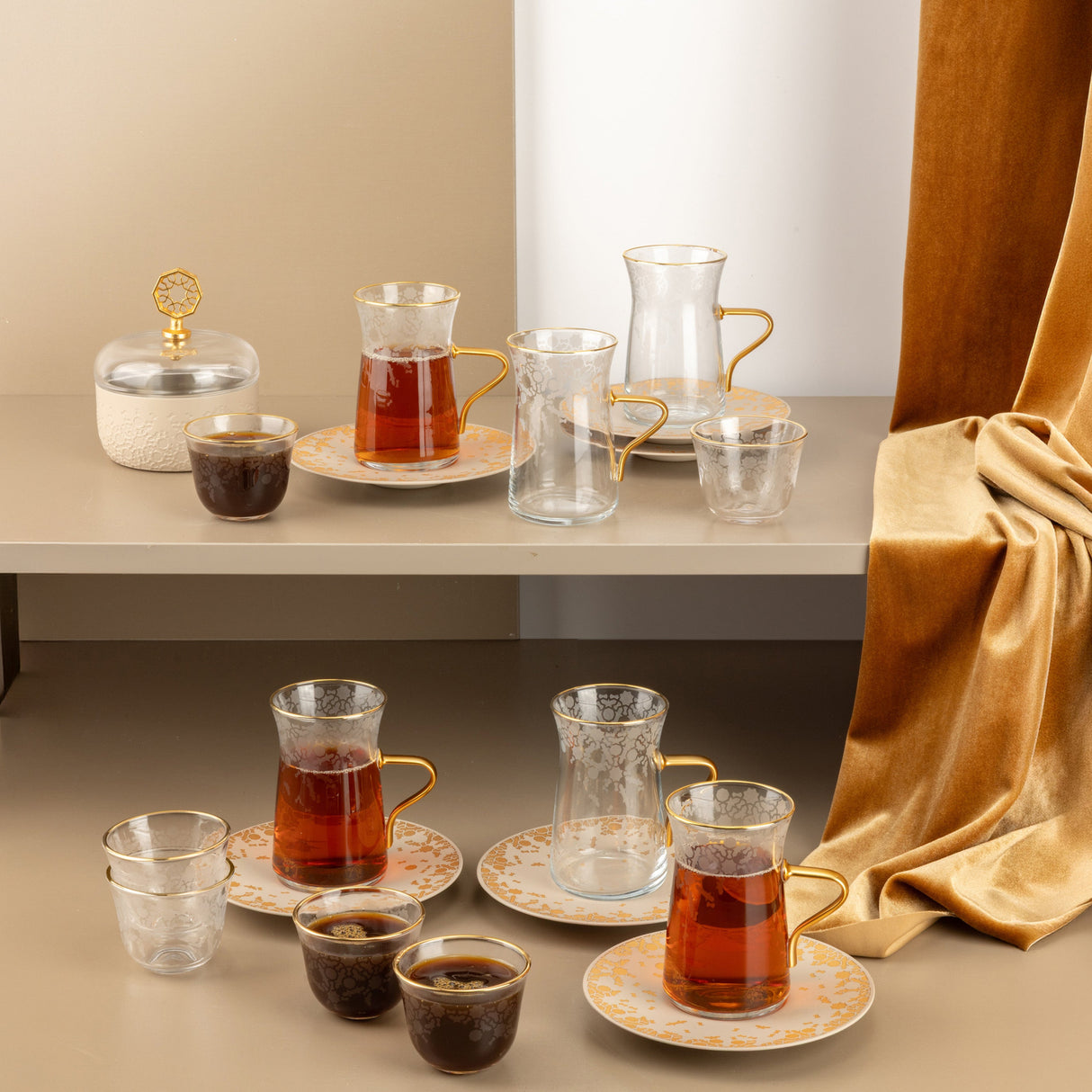 Nourhan - Tea Set (19-Pc) - Gold & Beige