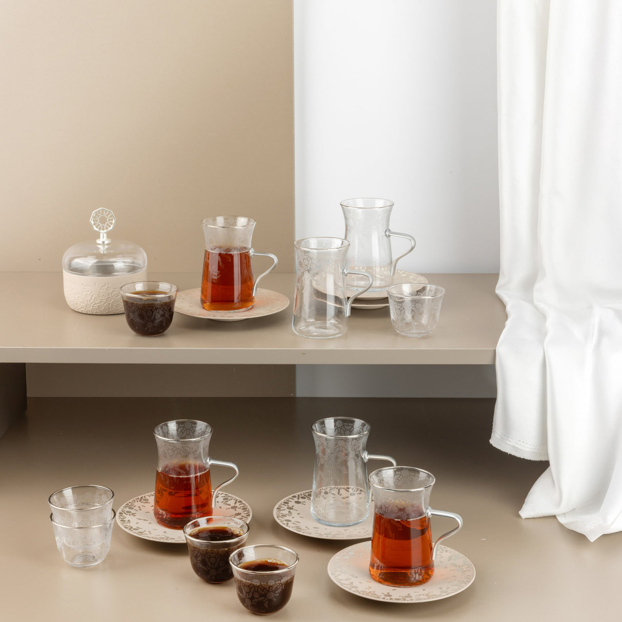 Nourhan - Tea Set (19-Pc) - Beige & Silver