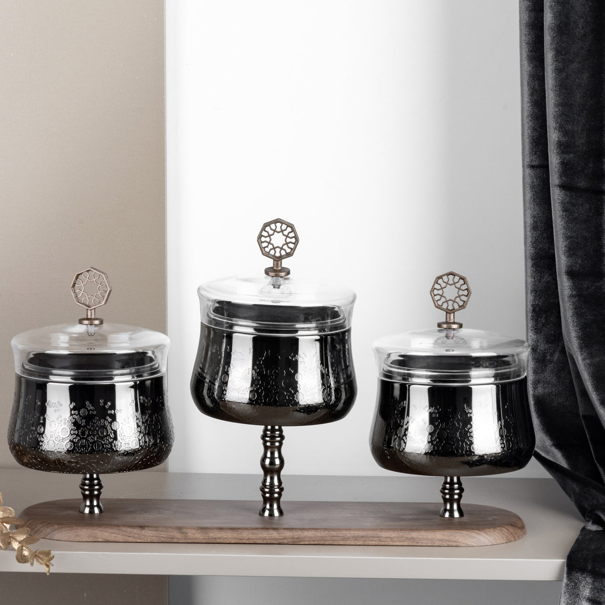 Nourhan - Triple Bowl Serving Set - Black Walnut