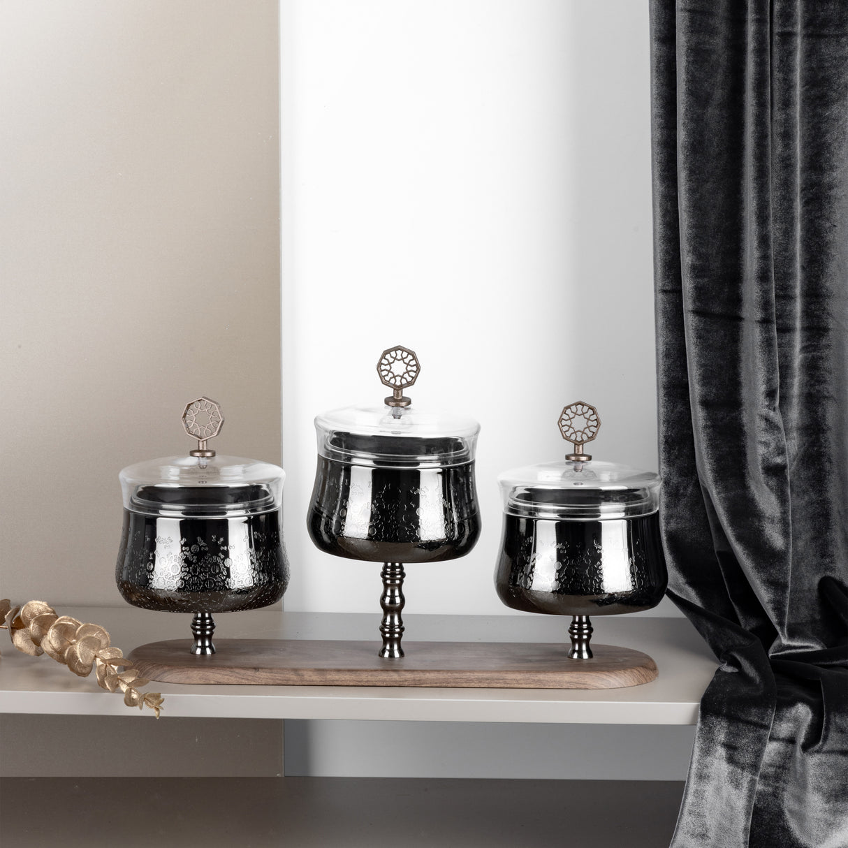 Nourhan - Triple Bowl Serving Set - Black Walnut