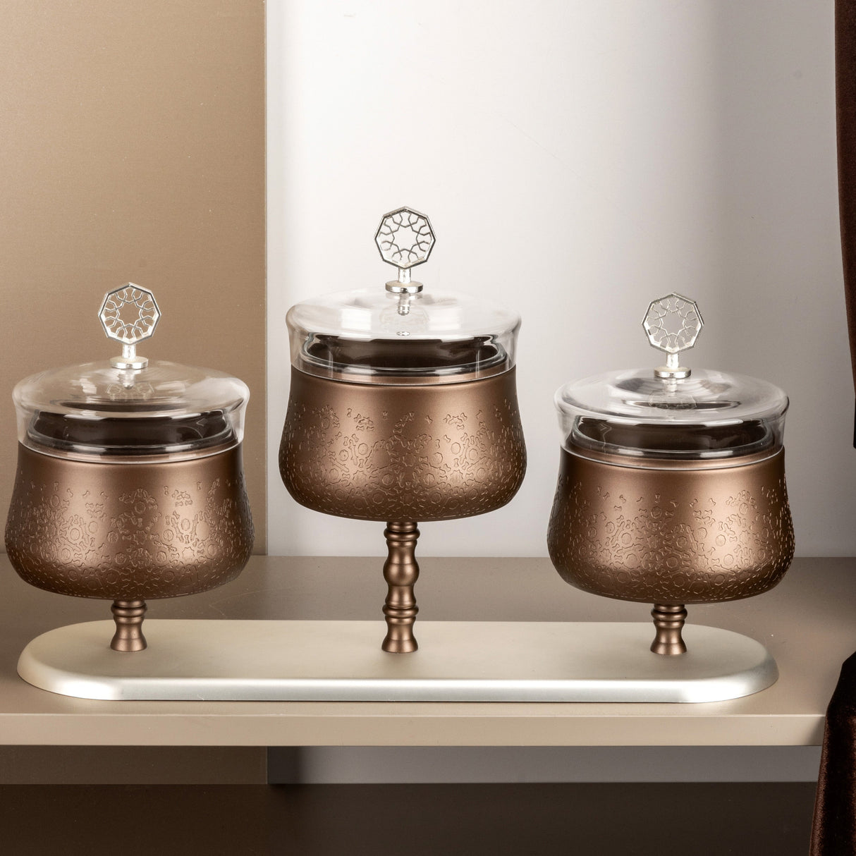 Nourhan - Triple Bowl Serving Set - Bronze & Silver