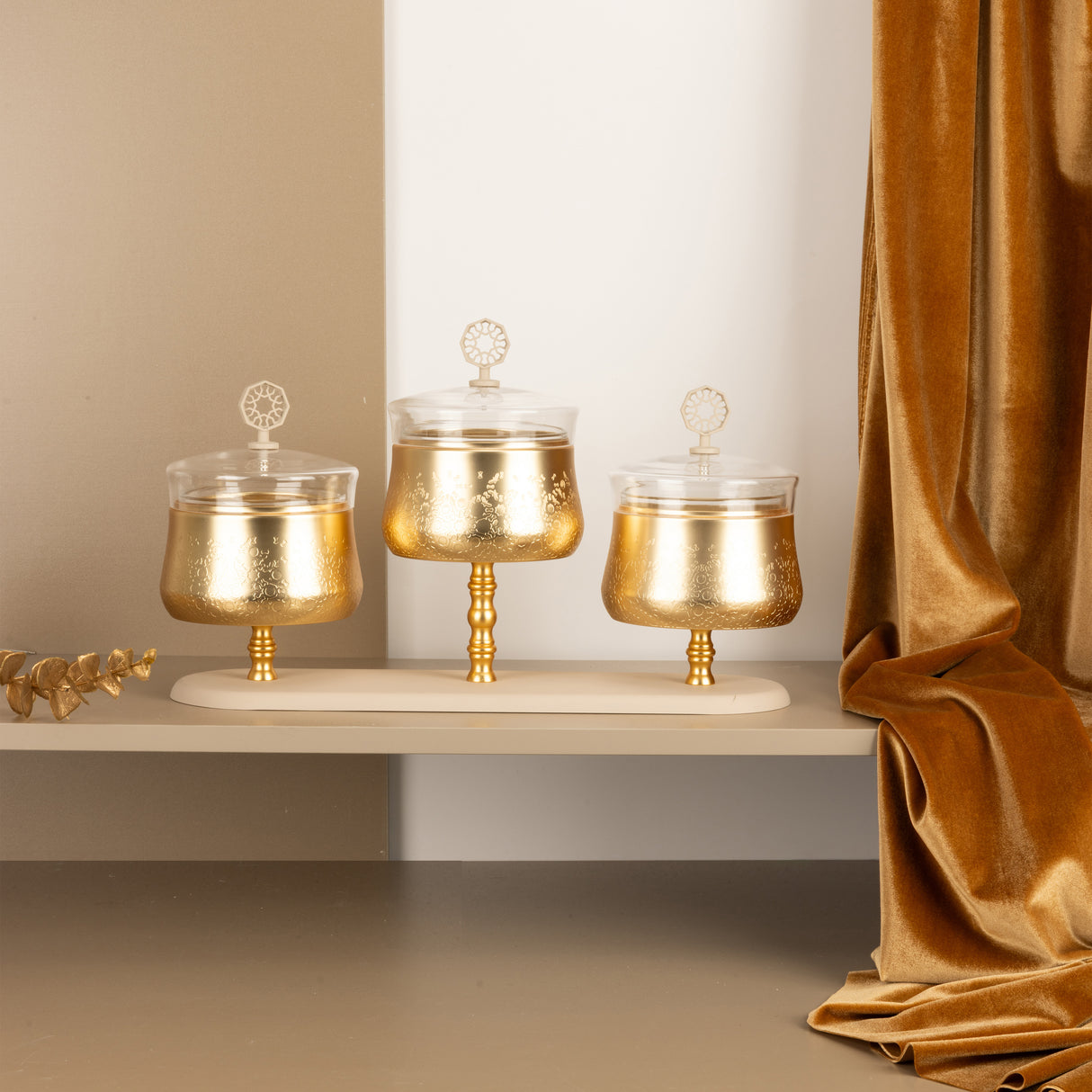 Nourhan - Triple Bowl Serving Set - Gold & Beige