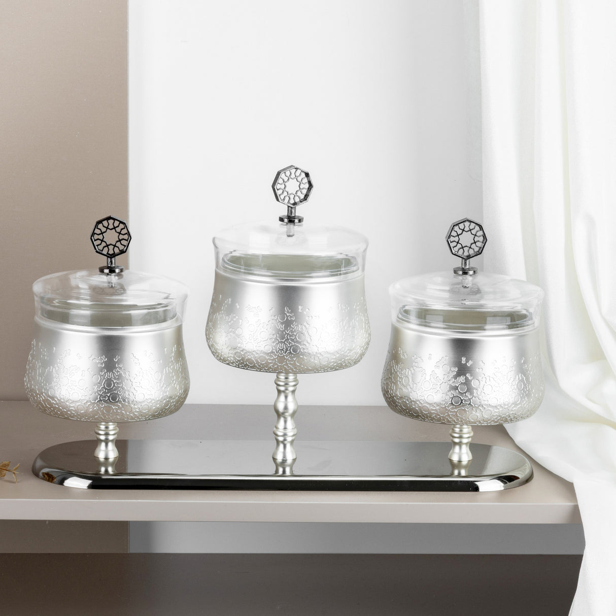 Nourhan - Triple Bowl Serving Set - Silver