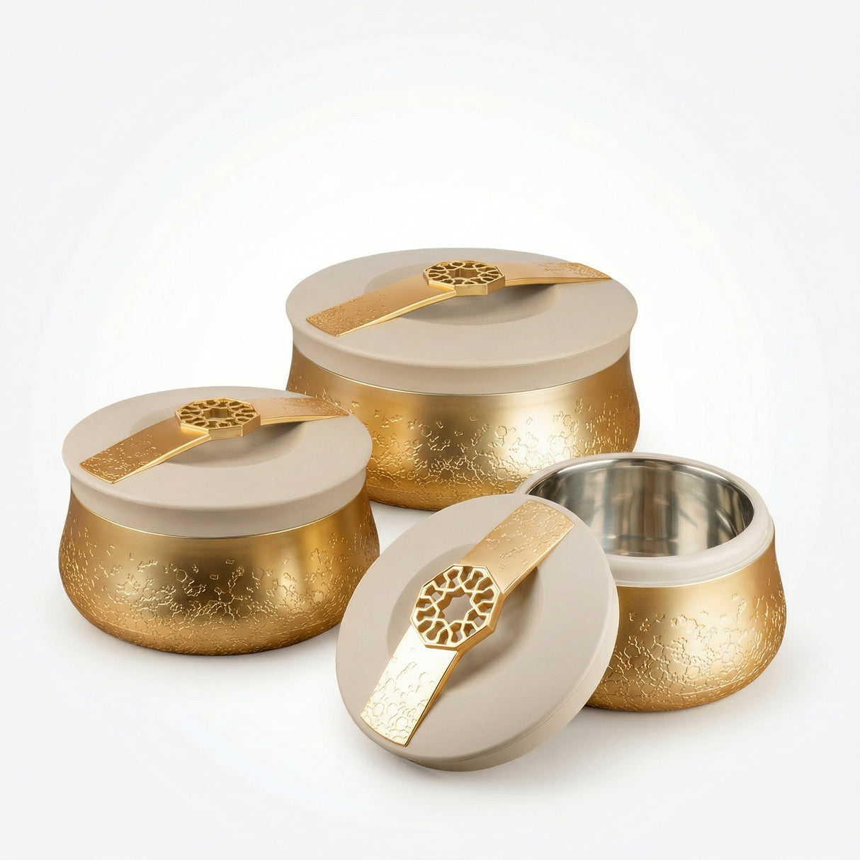 Nourhan - Food Thermos/ Warm Serv (Set of 3) - Gold & Beige