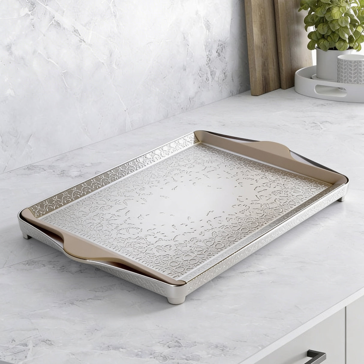 Nourhan- Serving Tray - Matt silver & beige