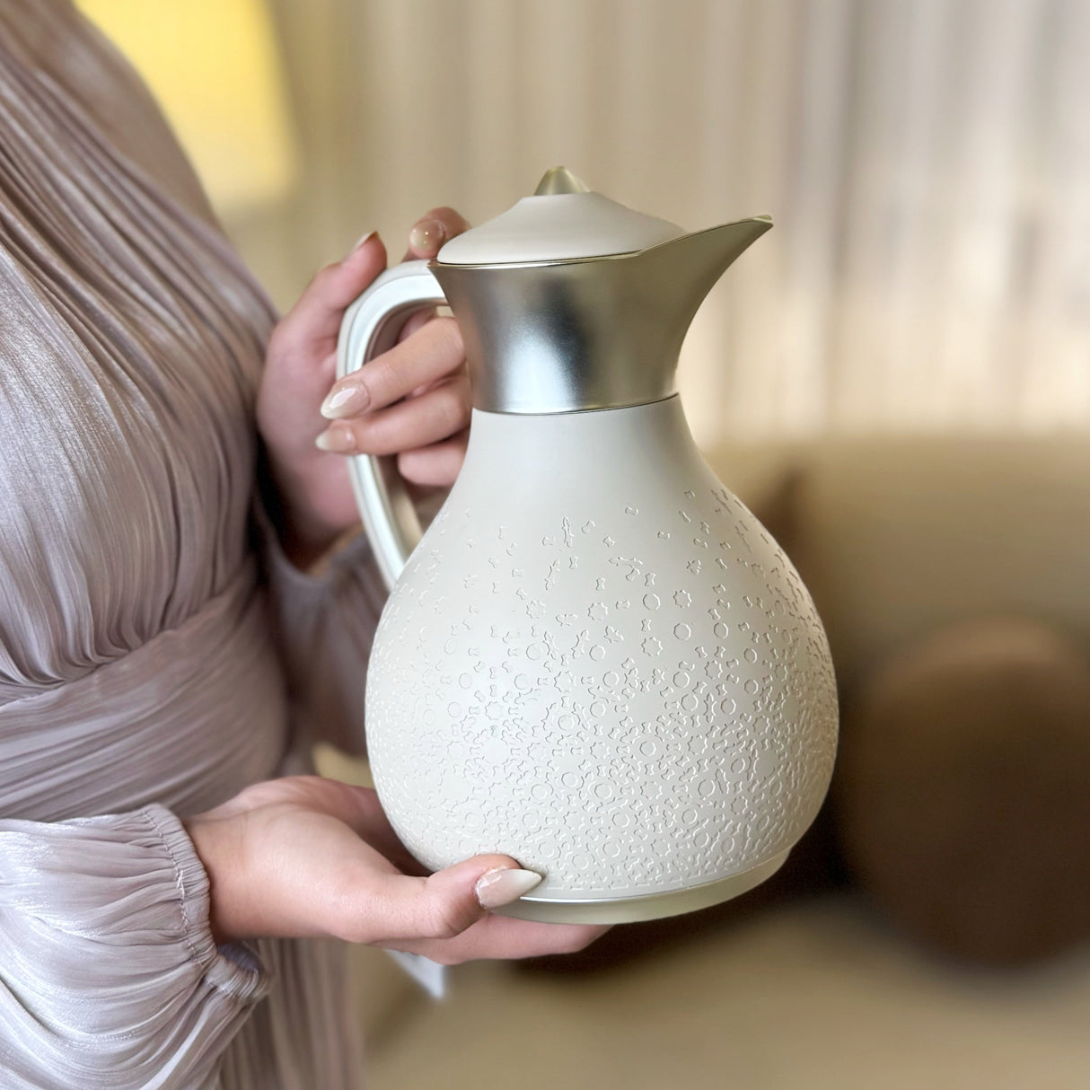 Nourhan - Vacuum Flask/Thermos - Beige & Matt Silver