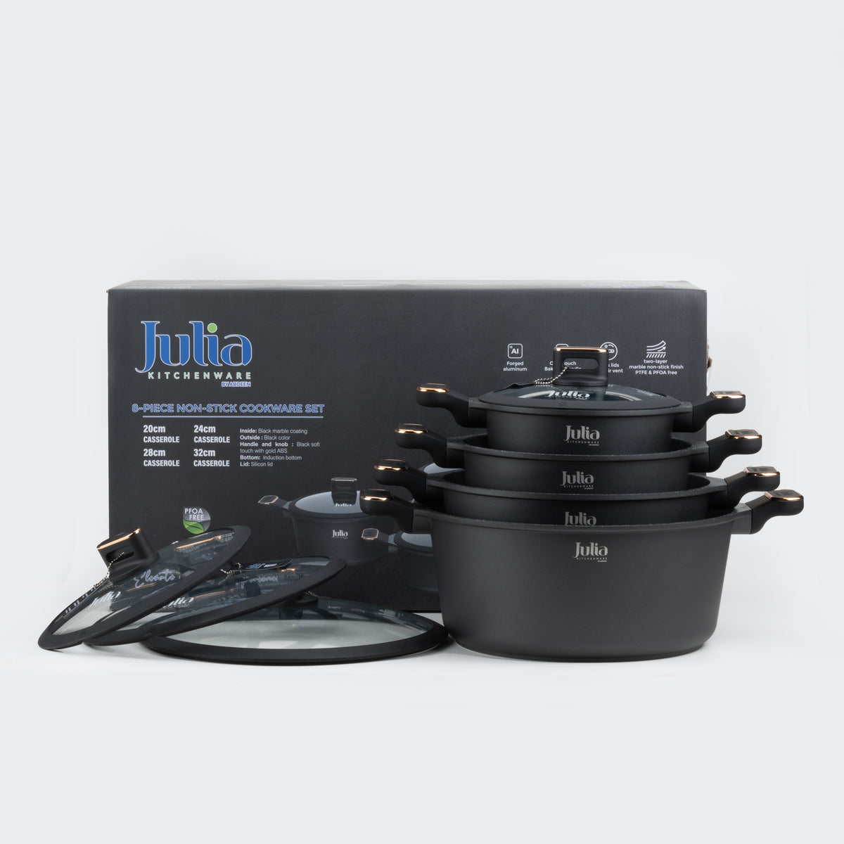 Julia Elite Pro Plus 8-Piece Nonstick Cookware Set – Black