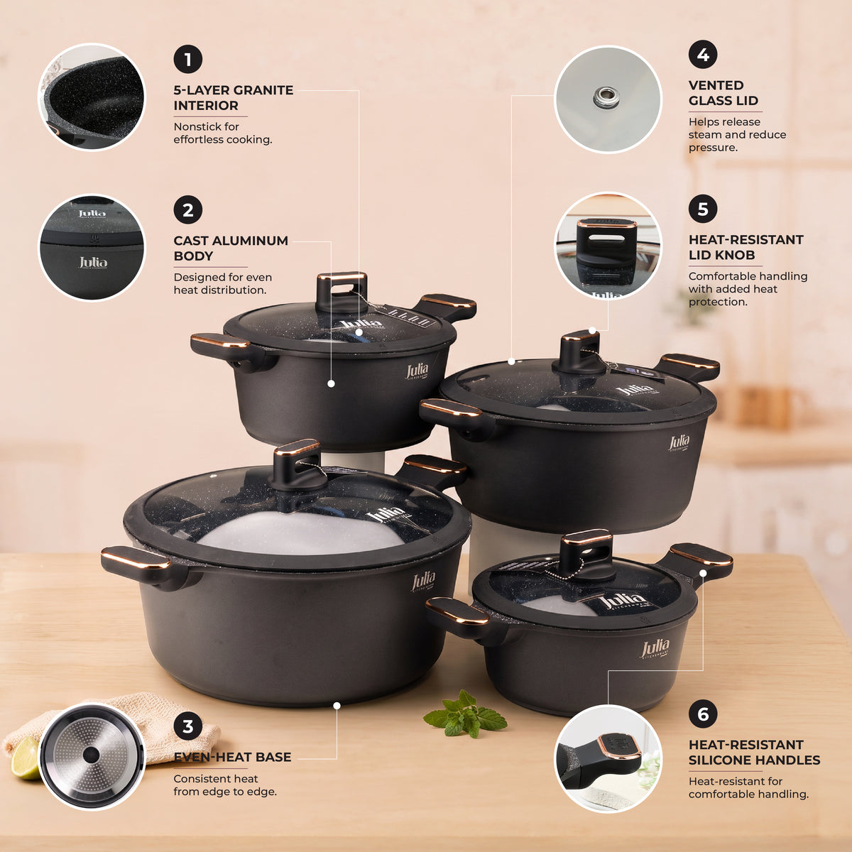 Julia Elite Pro Plus 8-Piece Nonstick Cookware Set – Black