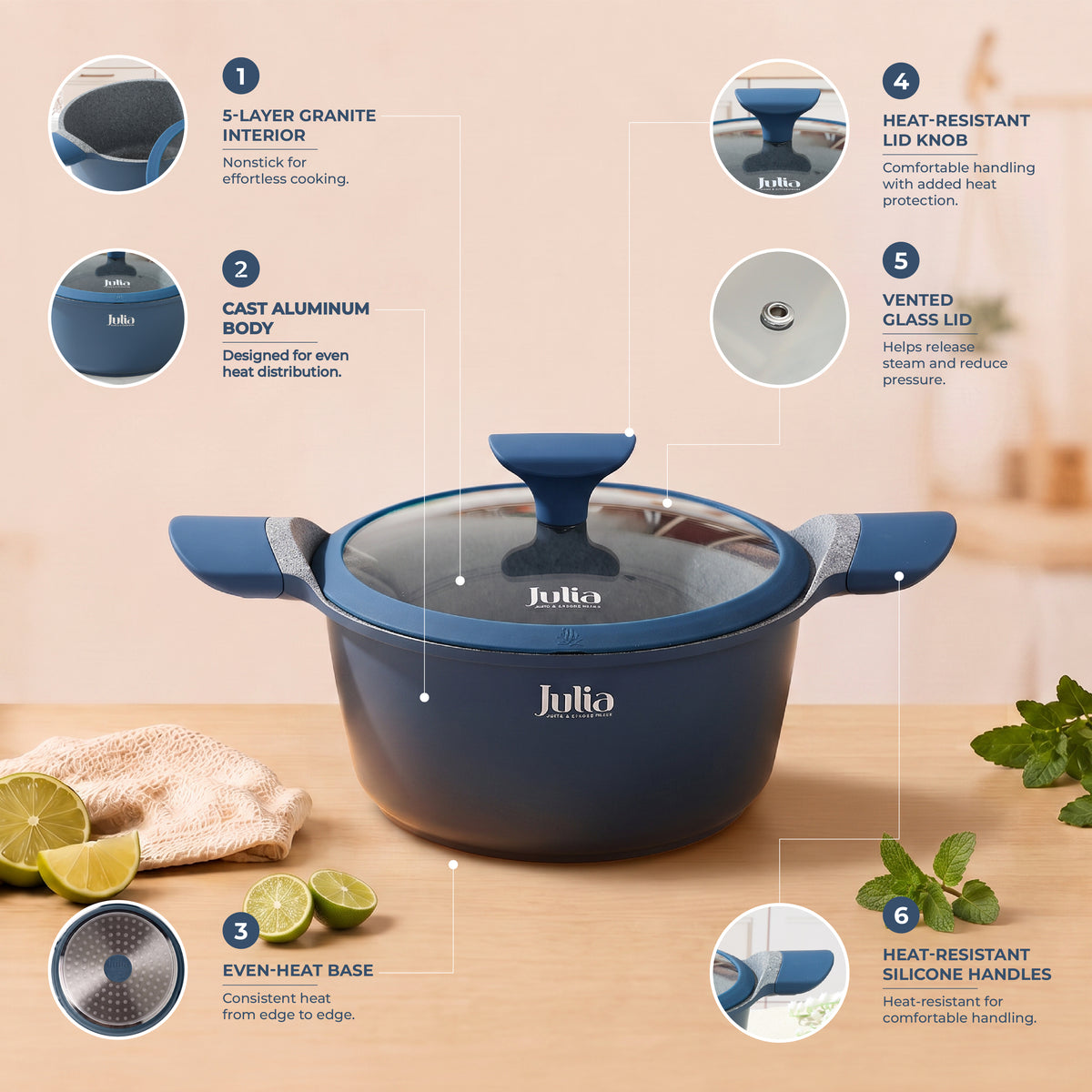 Julia Elite Pro 8" Nonstick Cooking Pot with Lid – Blue