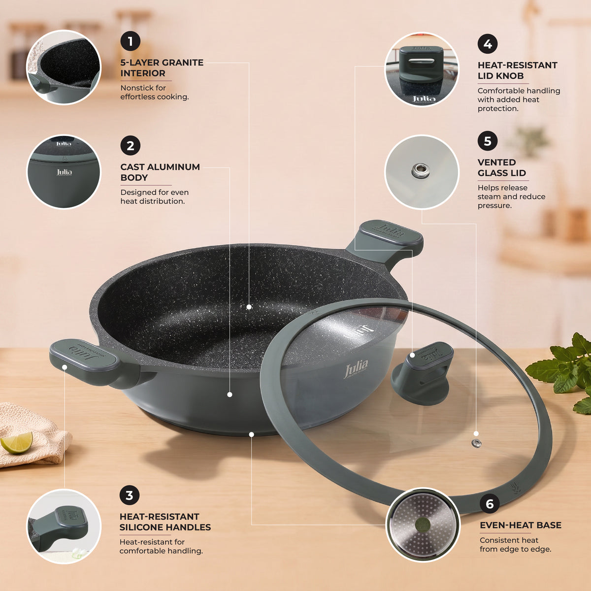 Julia Elite Pro 11" Nonstick Shallow Cooking Pot with Lid – Green