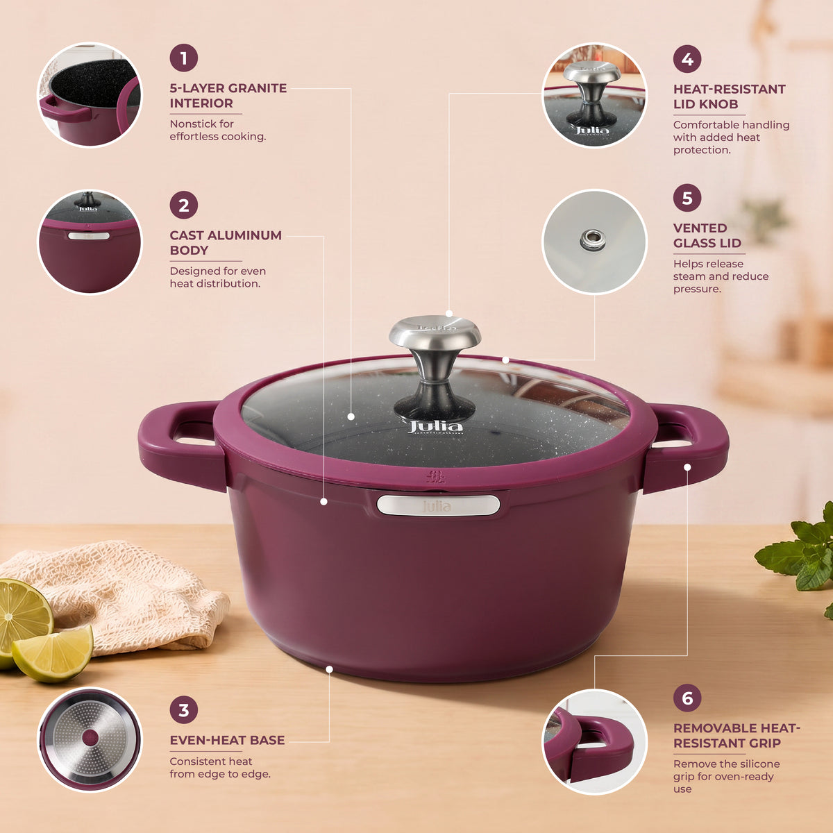 Julia Elite Berry 8" Nonstick Cooking Pot with Lid – Berry