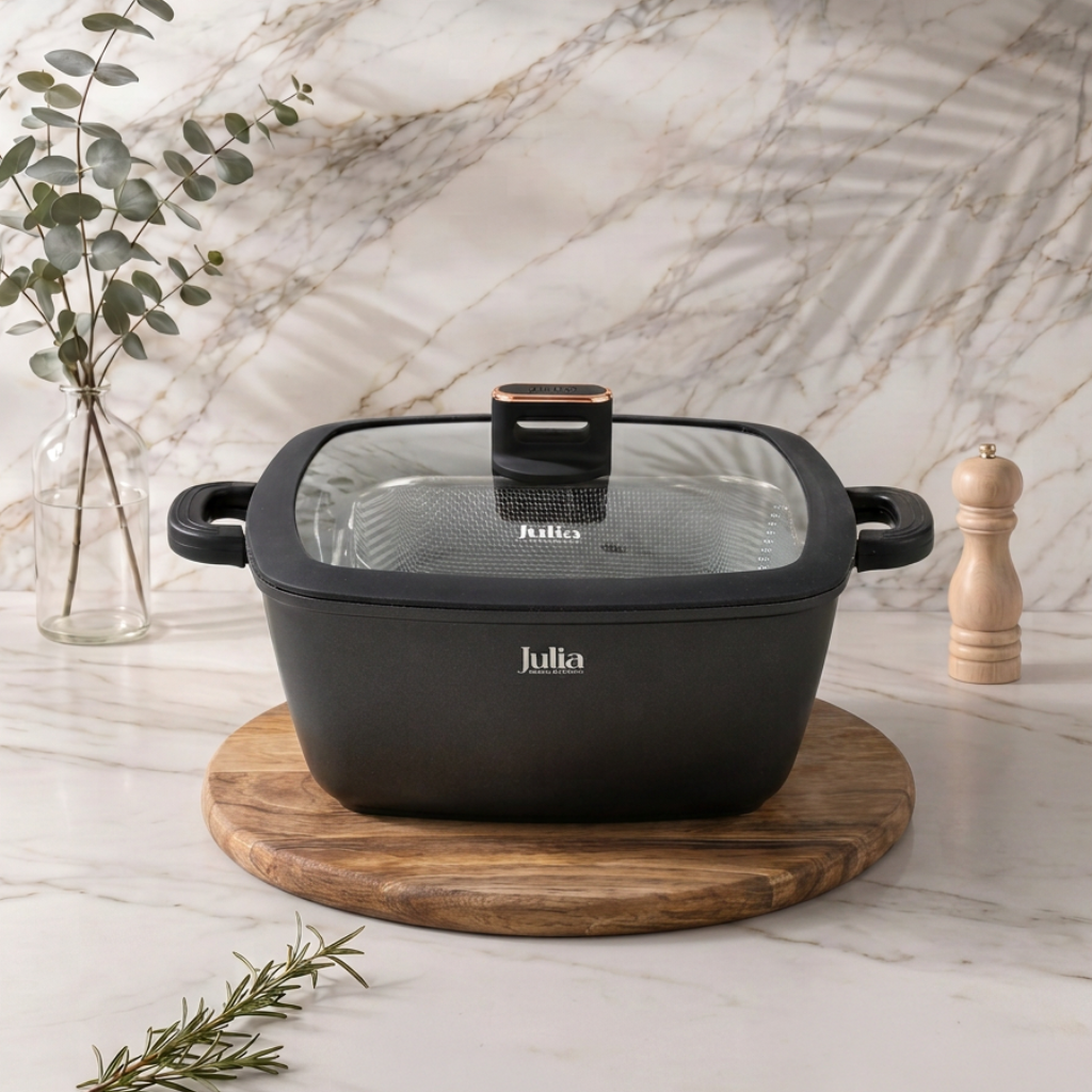 Julia Elite Pro Plus 11" Nonstick Square Cooking Pot with Fry Basket & Lid – Black