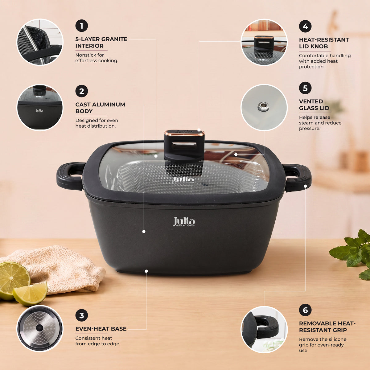 Julia Elite Pro 11" Nonstick Square Cooking Pot with Fry Basket & Lid – Black