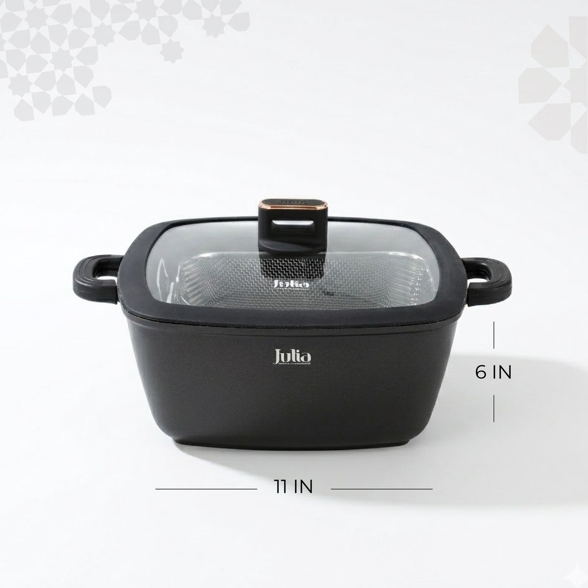 Julia Elite Pro Plus 11" Nonstick Square Cooking Pot with Fry Basket & Lid – Black