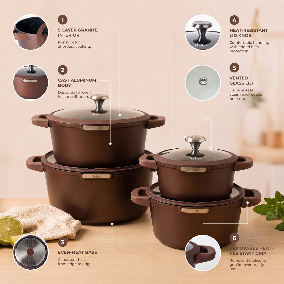 Julia Elite Mocha 8-Piece Nonstick Cookware Set – Mocha