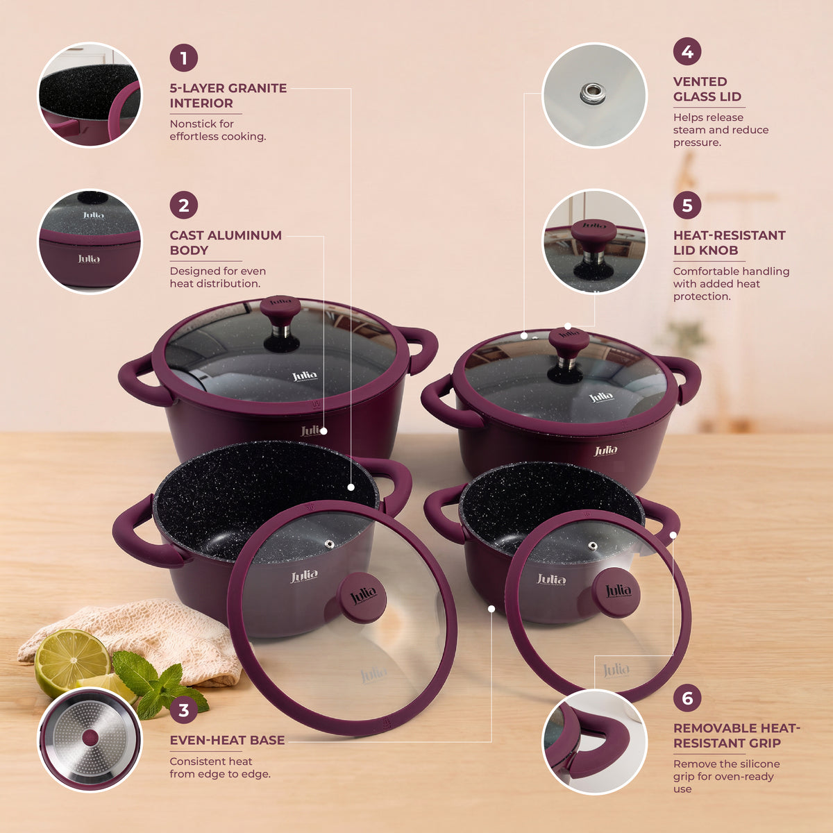 Julia Elite Velvet Berry 8-Piece Nonstick Cookware Set – Velvet Berry