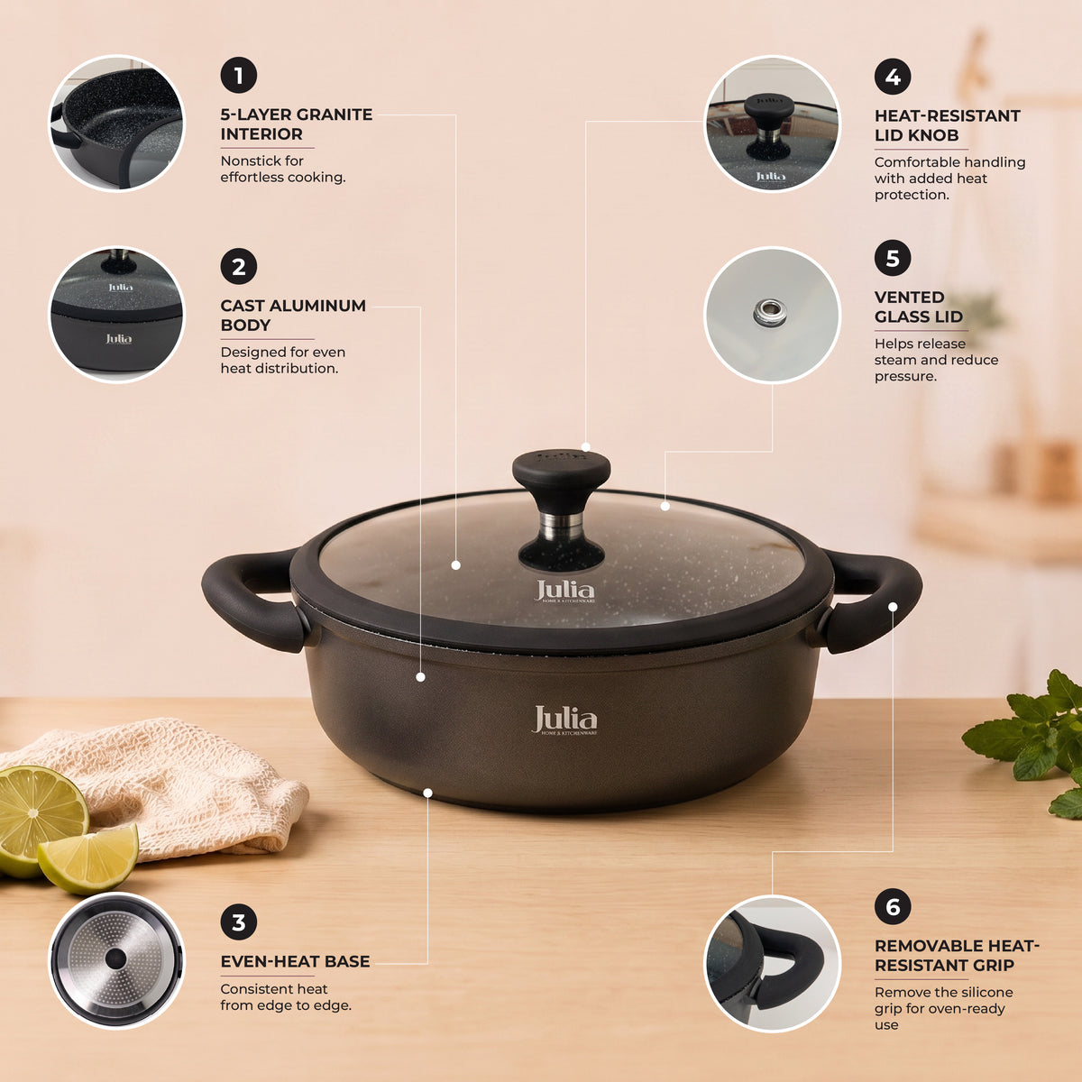 Julia Elite Onyx 11" Nonstick Shallow Cooking Pot with Lid – Onyx Black