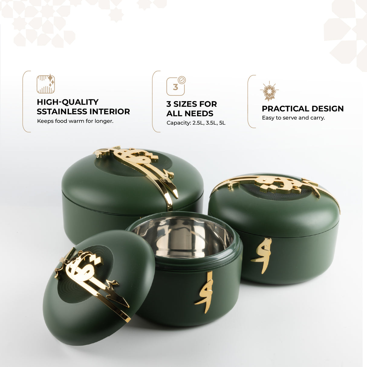 Liqa'a - Food Thermos/ Warm Serv (Set of 3) - Olive Green & Gold
