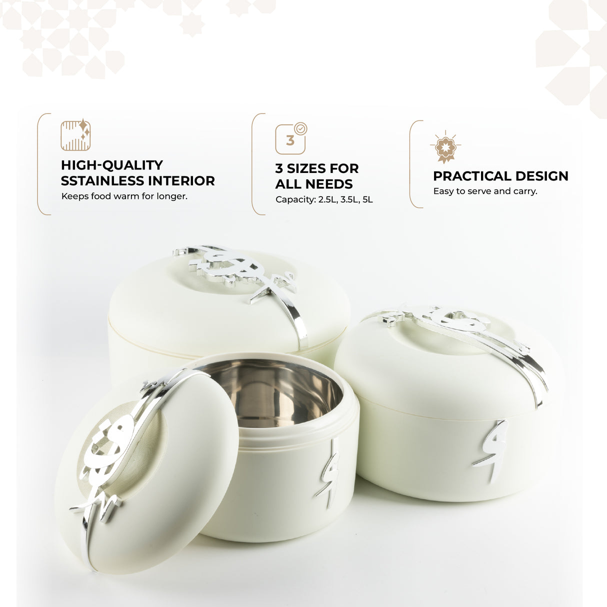 Liqa'a - Food Thermos/ Warm Serv (Set of 3) - Pearl White & Silver