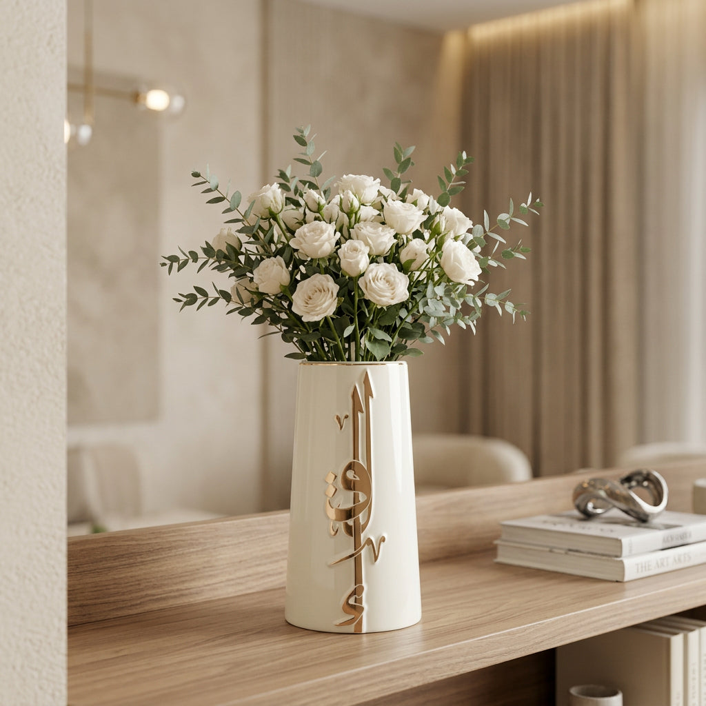 Liqa'a - Large Decorative Vase - Pearl White & Gold