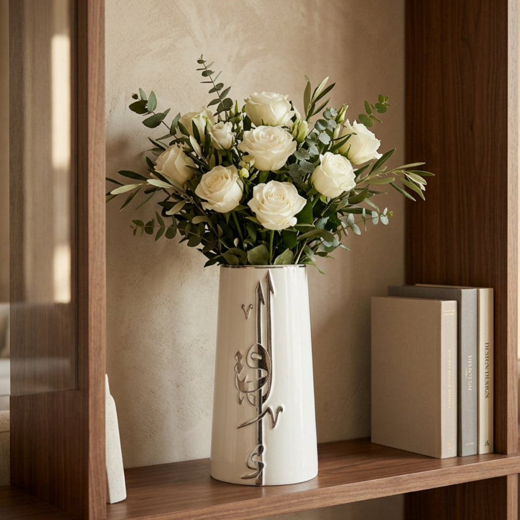 Liqa'a - Large Decorative Vase - Pearl White & Silver