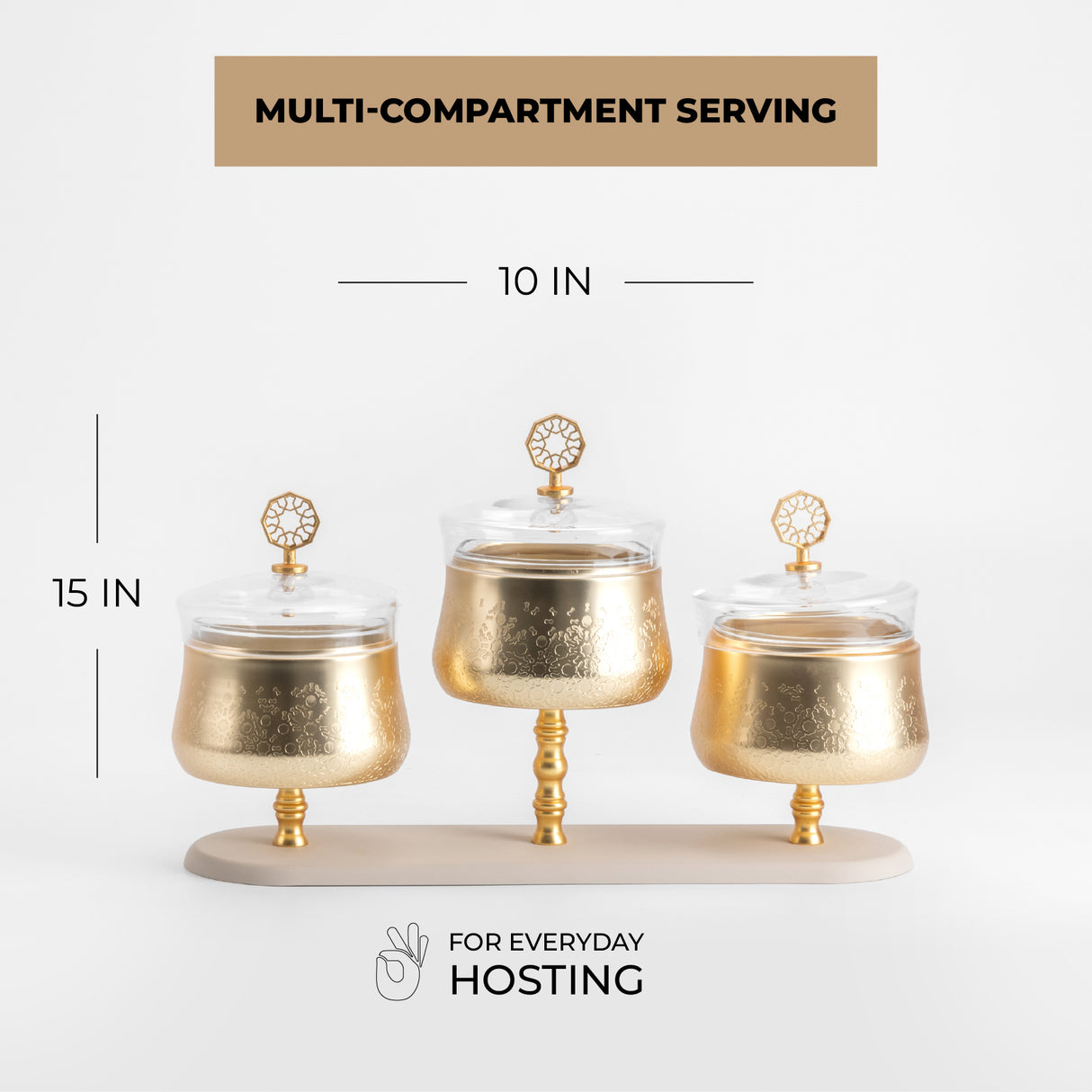 Nourhan - Triple Bowl Serving Set - Gold & Beige