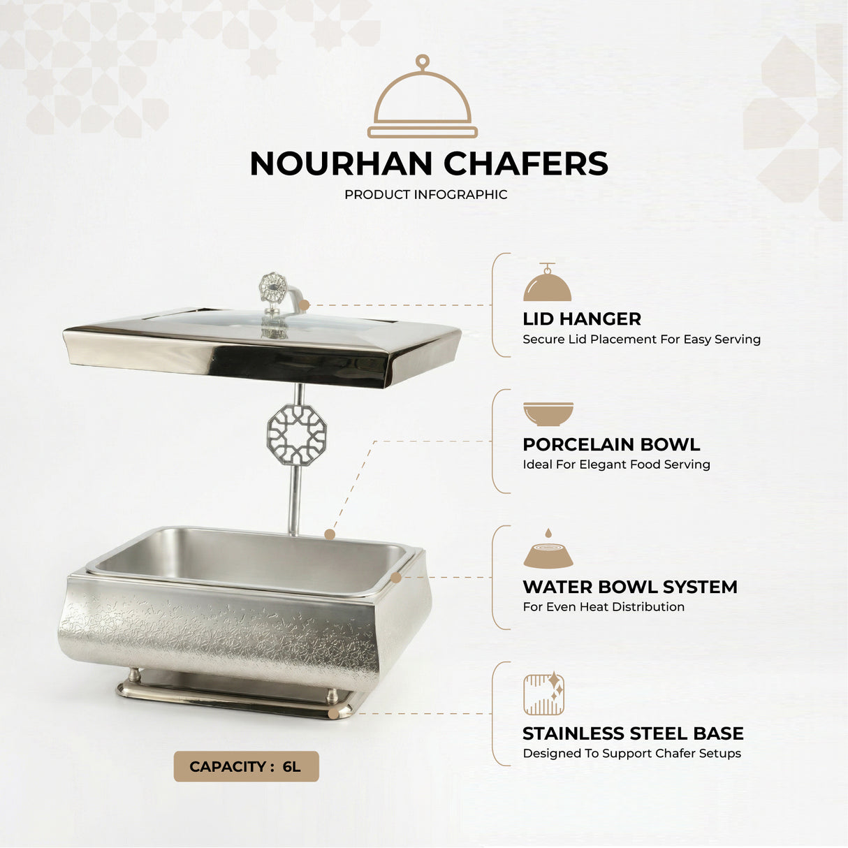 Nourhan - 6L Premium Rectangular Chafer - Silver