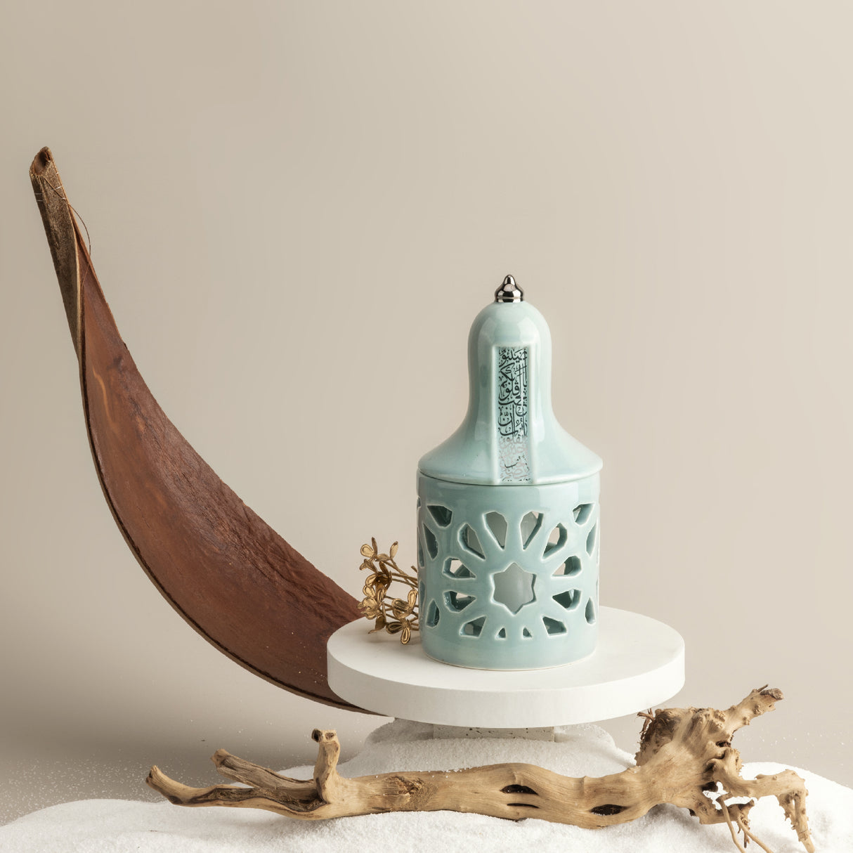 Luxury Noor - Portavelas tipo farol pequeño - Azul y plateado