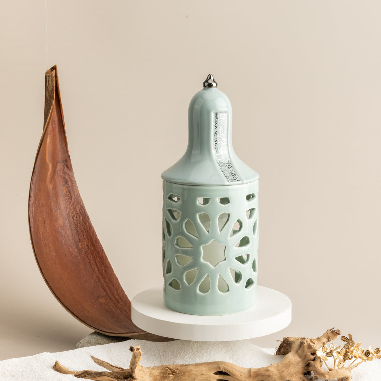 Luxury Noor - Portavelas tipo farol mediano - Azul y plateado